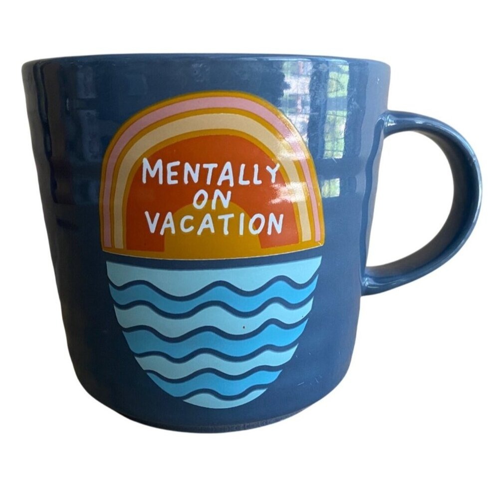 Mentally On Vacation Mug  Blue With Retro Rainbow & Wavy Water Ocean